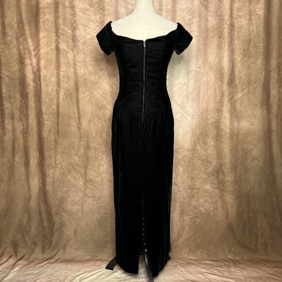 Vintage 90s Black Velvet Sweetheart Neckline Basque Waist Maxi Dress Whimsigoth - Picture 3 of 7